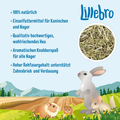 Lillebro. 100% natürliches Einzelfuttermittel für Kaninchen und Nager. Hochwertiges Heu, aromatischer Knabberspass, hoher Rohfasergehalt zur Unterstützung von Zahnabtrieb und Verdauung.