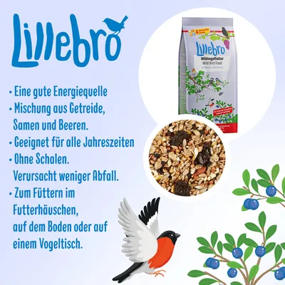 Lillebro Wildvogelfutter: Mischung aus Getreide, Samen und Beeren. Geeignet für alle Jahreszeiten, ohne Schalen, weniger Abfall. Zum Füttern im Futterhäuschen, auf Boden oder Vogeltisch.