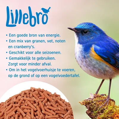 Lillebro. Een goede bron van energie. Een mix van granen, vet, noten en cranberry's. Geschikt voor alle seizoenen. Gemakkelijk te gebruiken. Zorgt voor minder afval.