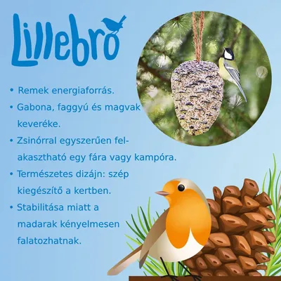 Lillebro. Remek energiaforrás. Gabona, faggyú és magvak keveréke. Zsinórral fára vagy kampóra akasztható. Természetes dizájn. Stabil, a madarak kényelmesen falatozhatnak.
