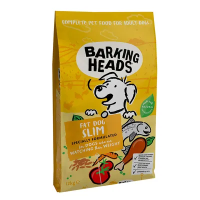 Barking Heads Fat Dog Slim, complete pet food for adult dogs, specially formulated for dogs who are watching their weight. Made with natural ingredients and approved by vets.