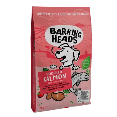 Barking Heads Pooched Salmon, 47% salmon, includes sweet potato, peas, seaweed, tomato and herbs. Complete pet food for adult dogs. 12kg bag.