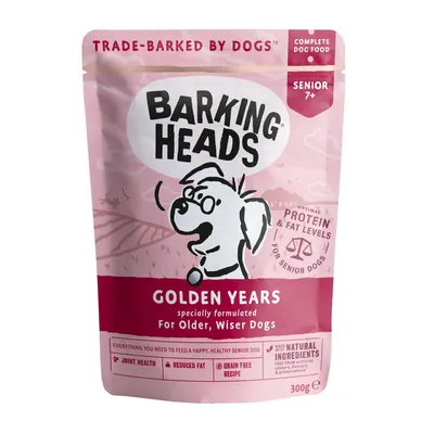 Barking Heads Golden Years complete dog food for senior dogs aged 7+, with optimal protein and fat, joint health support, reduced fat, grain free recipe, made with natural ingredients, 300g pouch.