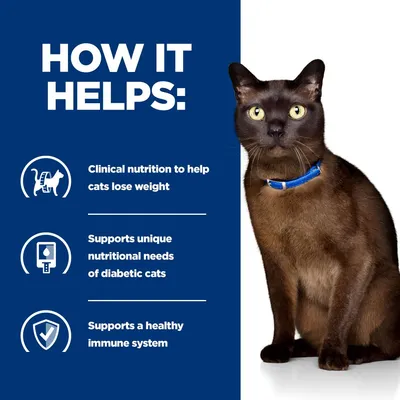HOW IT HELPS: Clinical nutrition to help cats lose weight. Supports unique nutritional needs of diabetic cats. Supports a healthy immune system. (angol nyelvű szöveg)