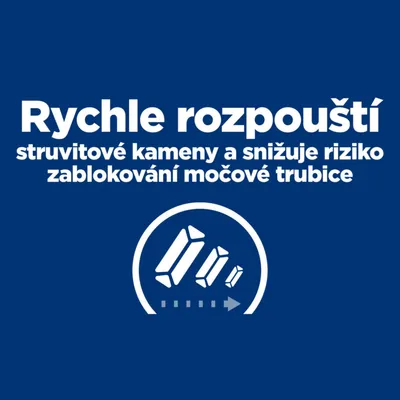 Rychle rozpouští struvitové kameny a snižuje riziko zablokování močové trubice. Grafika se zmenšujícími se krystaly.