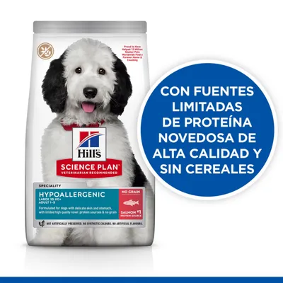 Hill's Science Plan Hypoallergenic para perros grandes, sin cereales, salmón como fuente principal de proteína. Texto: Con fuentes limitadas de proteína novedosa de alta calidad y sin cereales.
