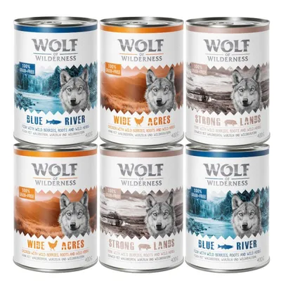 Wolf of Wilderness wet food cans: Blue River with fish, Wide Acres with chicken, Strong Lands with pork. 100% grain-free, with forest berries, roots and wild herbs, 400g.