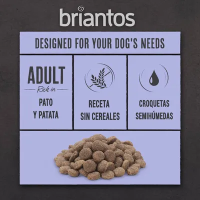 briantos. Texto em espanhol: Designed for your dog's needs. Adult rich in pato y patata, receta sin cereales, croquetas semihúmedas. Ração seca castanha visível.