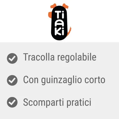 Tiaki. Tracolla regolabile, con guinzaglio corto, scomparti pratici.