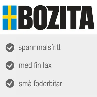 BOZITA. Spannmålsfritt, med fin lax, små foderbitar.