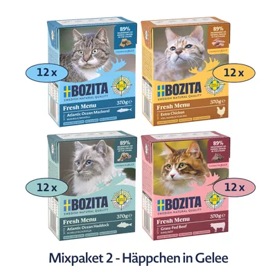 Bozita Mixpaket 2 bouchées en gelée, 12x370g. Variétés : Atlantic Ocean Mackerel, Extra Chicken, Atlantic Ocean Haddock, Grass-Fed Beef. 89 % d’ingrédients d’origine animale, sans céréales.