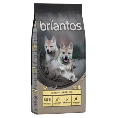 Embalagem de ração briantos Junior para cães, 12 kg. Texto visível: 'Designed for your dog's needs', 'Junior', 'Poultry & Rice', ícones e informações nutricionais em inglês.