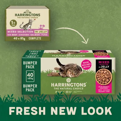 Harringtons mixed selection in jelly, 40 x 85g bumper pack with beef, chicken, salmon and tuna. Image shows old and new packaging with 'fresh new look' text.