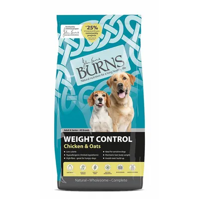 Burns Weight Control Chicken & Oats pour chiens, Adult & Senior, toutes races. Texte visible : faible en calories, hypoallergénique, riche en fibres, idéal chiens sensibles, maintien du poids.