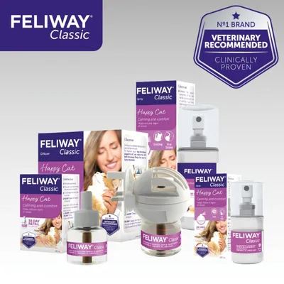 Feliway Classic calming and comfort products, including diffuser, spray, and refill. Veterinary recommended, clinically proven. Packaging highlights 'Happy Cat' and stress reduction.