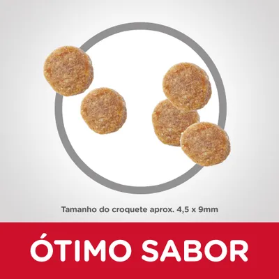 Croquetes de ração, tamanho aproximado 4,5 x 9 mm. Texto visível: ÓTIMO SABOR.