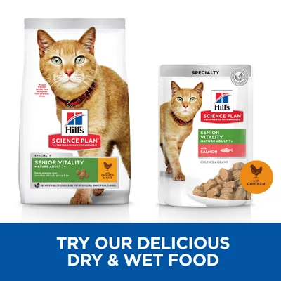 Hill's Science Plan Senior Vitality Mature Adult 7+ dry food with chicken and rice, wet food with salmon, and chunks in gravy. Text: Try our delicious dry & wet food.