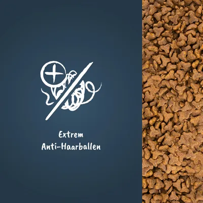 Extrem Anti-Haarballen. Symbol mit durchgestrichener Haarballen-Grafik und Pluszeichen. Rechts Abbildung von braunem Trockenfutter in Sternform.