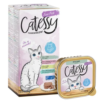 Catessy Fine Paté, 8x100g. Sortimente: vânat, fazan și curcan, miel, limandă MSC. Fără adaos de zahăr. Ambalaj cu pisică și porție individuală în caserolă.
