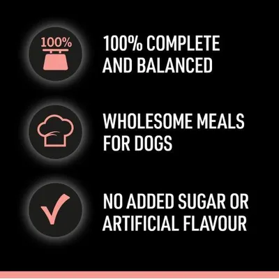 Texte en anglais : 100% complete and balanced, wholesome meals for dogs, no added sugar or artificial flavour. Texte non disponible en français belge.