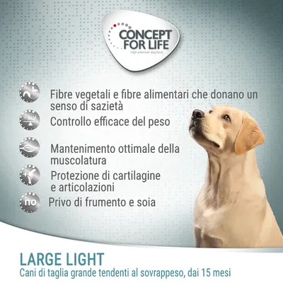 Concept for Life Large Light. Fibre vegetali, controllo peso, mantenimento muscolatura, protezione articolazioni, senza frumento e soia. Per cani di taglia grande tendenti al sovrappeso, dai 15 mesi.