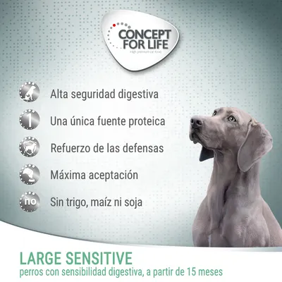 CONCEPT FOR LIFE. Alta seguridad digestiva, una única fuente proteica, refuerzo de las defensas, máxima aceptación, sin trigo, maíz ni soja. LARGE SENSITIVE perros con sensibilidad digestiva, a partir de 15 meses.
