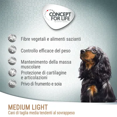 Concept for Life Medium Light. Fibre vegetali, controllo del peso, mantenimento massa muscolare, protezione articolazioni, privo di frumento e soia. Cani di taglia media tendenti al sovrappeso.