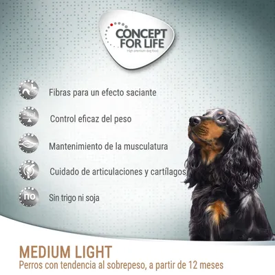 Concept for Life Medium Light. Fibras para un efecto saciante, control eficaz del peso, mantenimiento de la musculatura, cuidado de articulaciones y cartílagos, sin trigo ni soja.