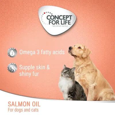 CONCEPT FOR LIFE. Omega 3 fatty acids. Supple skin & shiny fur. SALMON OIL for dogs and cats. Image shows a dog and a cat. Text in English.