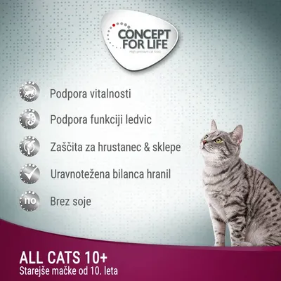 CONCEPT FOR LIFE. Podpora vitalnosti, podpora funkciji ledvic, zaščita za hrustanec in sklepe, uravnotežena bilanca hranil, brez soje. ALL CATS 10+, starejše mačke od 10. leta.