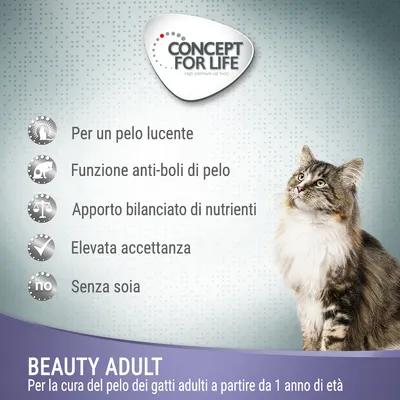 Concept for Life Beauty Adult. Per un pelo lucente, funzione anti-boli di pelo, apporto bilanciato di nutrienti, elevata accettanza, senza soia. Per gatti adulti da 1 anno.