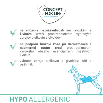 CONCEPT FOR LIFE VETERINARY DIET. Zníženie neznášanlivosti voči zložkám krmív, podpora kože pri dermatózach, zdroje bielkovín a glycidov: kôň a paštrnák. HYPO ALLERGENIC. CONCEPT FOR LIFE VETERINARY DIET. Zníženie neznášanlivosti voči zložkám krmív, podpora kože pri dermatózach, zdroje bielkovín a glycidov: kôň a paštrnák. HYPO ALLERGENIC.