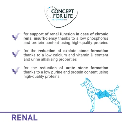 Key benefits: supports renal function in chronic renal insufficiency, reduces oxalate and urate stone formation with low phosphorus, calcium, vitamin D, purine, and high-quality proteins.
