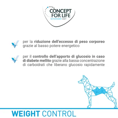Concept for Life Veterinary Diet Weight Control: riduzione dell’eccesso di peso corporeo, controllo dell’apporto di glucosio in caso di diabete mellito. Testo in italiano.