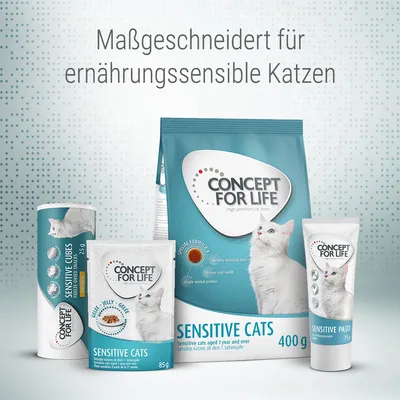 Concept for Life Sensitive Cats. Maßgeschneidert für ernährungssensible Katzen. Produkte: Trockenfutter 400g, Sensitive Cubes 75g, Jelly 85g, Sensitive Paste 75g.