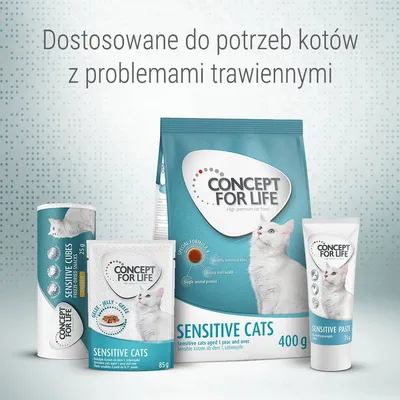 Concept for Life Sensitive Cats – produkty dla kotów z problemami trawiennymi: karma 400 g, pasta 75 g, przysmak 75 g, saszetka 85 g. Widoczny biały kot i tekst na opakowaniach.