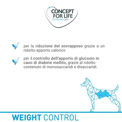 Concept for Life Veterinary Diet. Per la riduzione del sovrappeso grazie a un ridotto apporto calorico e per il controllo dell’apporto di glucosio in caso di diabete mellito. Weight Control.