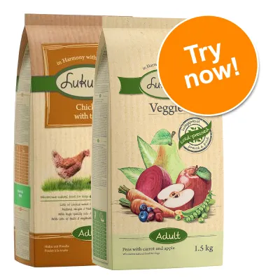 Lukullus Adult Veggie 1.5 kg, peas with carrot and apple, cold-pressed, and Lukullus Adult Chicken with visible chicken image. Orange badge reads: Try now!