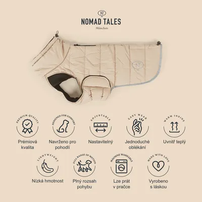 Nomad Tales München psí obleček, viditelné texty: Prémiová kvalita, Navrženo pro pohodlí, Nastavitelný, Jednoduché oblékání, Uvnitř teplý, Nízká hmotnost, Plný rozsah pohybu, Lze prát v pračce, Vyrobeno s láskou.