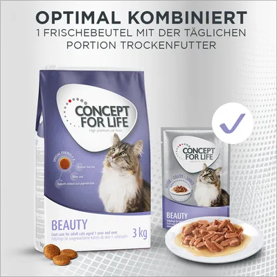 Concept for Life Beauty Katzenfutter, 3kg Trockenfutter und Frischebeutel. Optimal kombiniert für ausgewachsene Katzen ab dem 1. Lebensjahr. Unterstützt Fellglanz und natürliche Pigmentierung.
