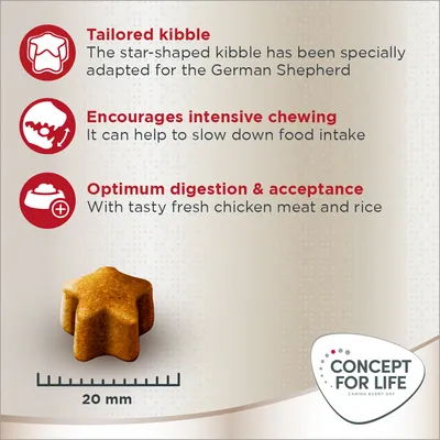 Star-shaped kibble, 20mm size, tailored for German Shepherds, encourages intensive chewing to slow food intake, supports digestion with chicken and rice. Concept for Life brand shown.