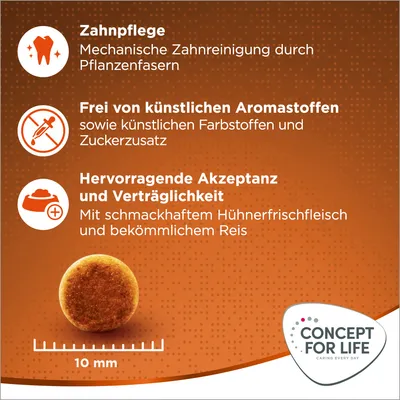 Texte en allemand : soin dentaire, sans arômes artificiels, excellente acceptation et tolérance. Croquette ronde de 10 mm. Marque Concept for Life.