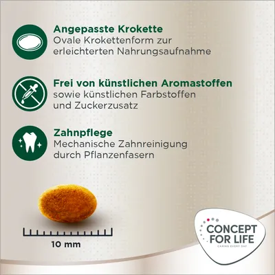 Texte en allemand : Krokette ovale, sans arômes artificiels, nettoyage dentaire mécanique par fibres végétales. Croquette de 10 mm. Marque Concept for Life.