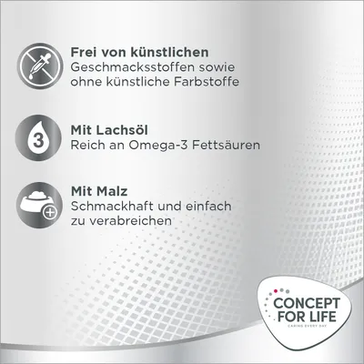 Texte en allemand : sans arômes ni colorants artificiels, avec huile de saumon riche en oméga-3, avec malt savoureux et facile à administrer. Concept for Life.