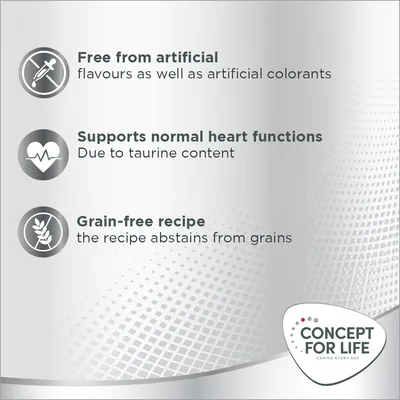 Free from artificial flavours and colourants, supports normal heart functions due to taurine, grain-free recipe. Concept for Life brand.