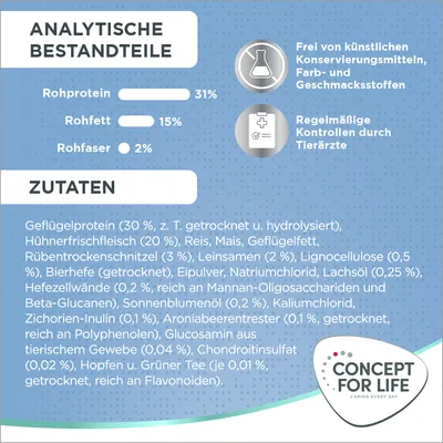 Analytische Bestandteile: Rohprotein 31%, Rohfett 15%, Rohfaser 2%. Zutaten: Geflügelprotein, Hühnerfrischfleisch, Reis, Mais, Sonnenblumenöl. Frei von künstlichen Konservierungsstoffen.