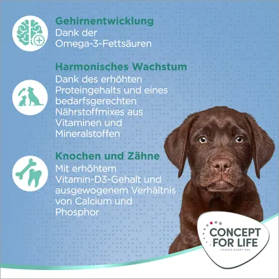 Gehirnentwicklung dank Omega-3-Fettsäuren, harmonisches Wachstum durch Protein und Nährstoffmix, Knochen und Zähne mit Vitamin-D3 sowie Calcium-Phosphor-Verhältnis. Concept for Life.