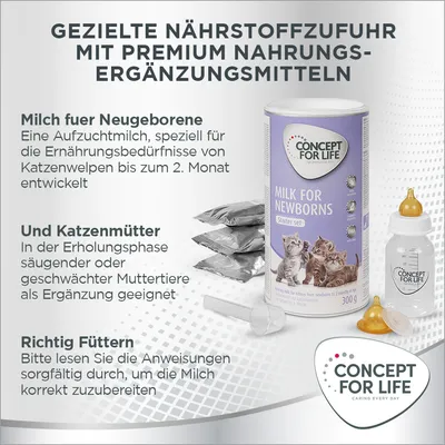 Concept for Life Milk for Newborns Starter Set, Aufzuchtmilch für Katzenwelpen bis 2 Monate und säugende Katzenmütter. Anleitung zur richtigen Zubereitung enthalten.