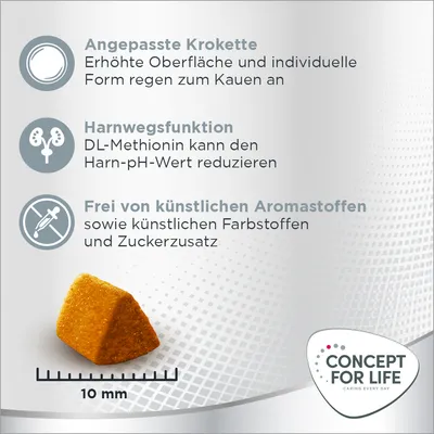 Angepasste Krokette mit erhöhter Oberfläche, Harnwegsfunktion durch DL-Methionin, frei von künstlichen Aromastoffen, Farbstoffen und Zuckerzusatz. Grösse: 10 mm. Concept for Life Logo sichtbar.