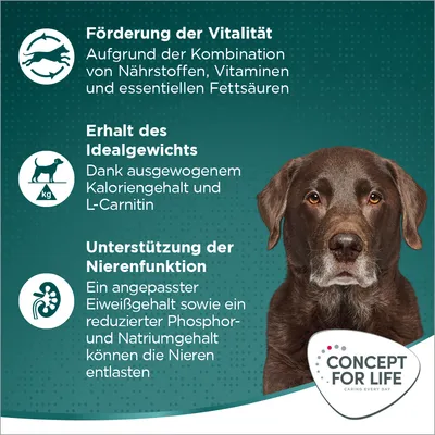 Förderung der Vitalität, Erhalt des Idealgewichts und Unterstützung der Nierenfunktion durch ausgewogene Nährstoffe. Marke: Concept for Life.